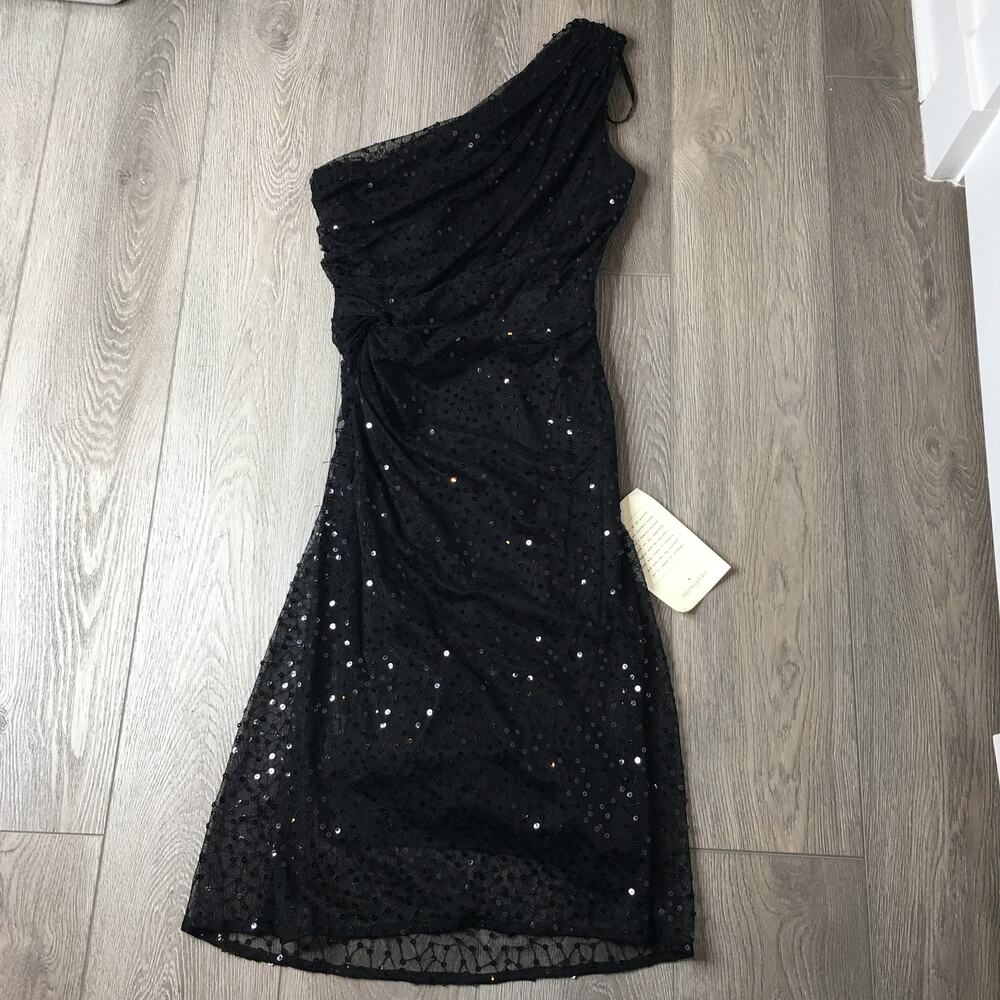 NWT Tadashu Shoji One Shoulder Bodycon Sequined Evening Midi Dress Black PM